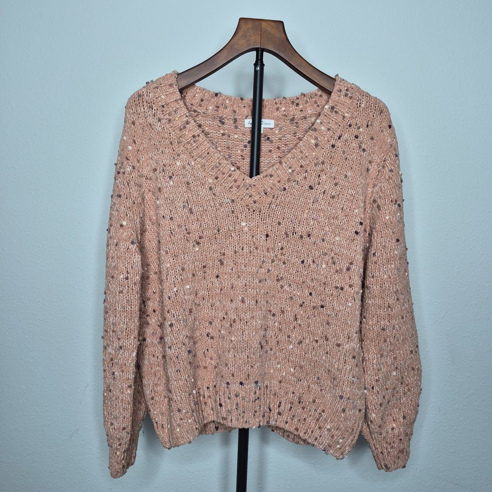 By The River V-Neck Confetti Knit Sweater Peach Chunky Cropped Cozy Pink Medium